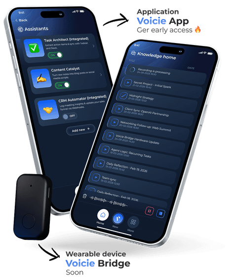 Aplikacja Voicie na iPhonie z transkrypcją notatki głosowej i interfejsem asystenta AI