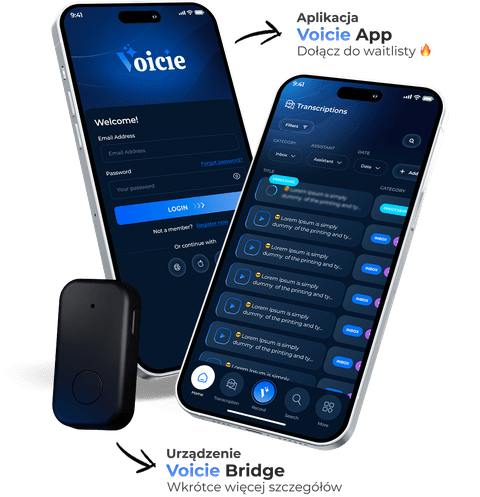 Urządzenie Voicie Bridge z aplikacją Voicie na smartfonie