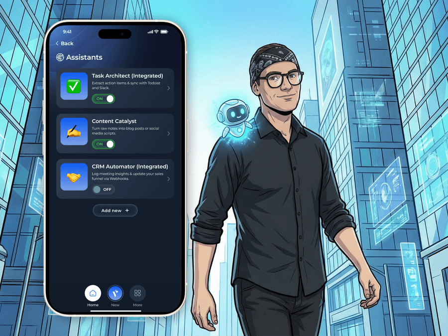 Man with AI robot on shoulder next to iPhone showing AI assistants list in Voicie app