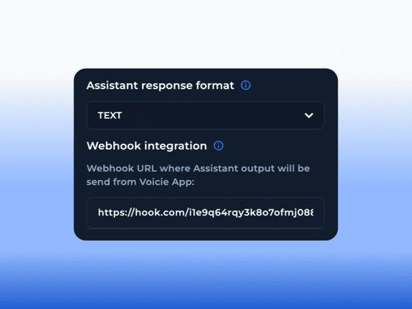Voicie assistant settings showing TEXT response format dropdown and webhook integration URL