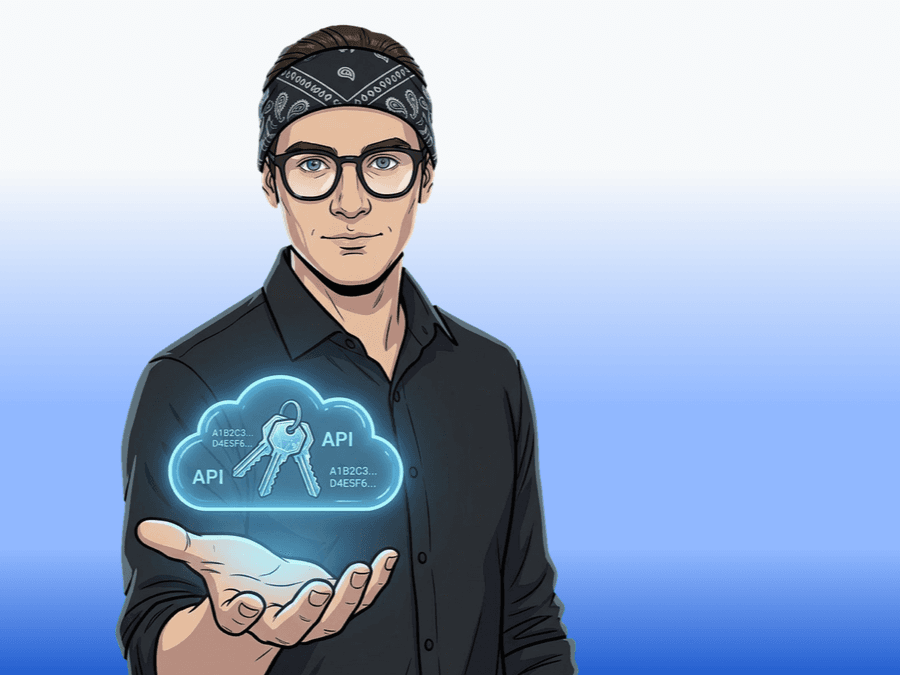 Ilustrowany mężczyzna z bandaną trzymający holograficzną chmurę z kluczami API