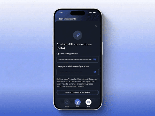 iPhone z ustawieniami Custom API connections w Voicie z polami klucza OpenAI i Deepgram