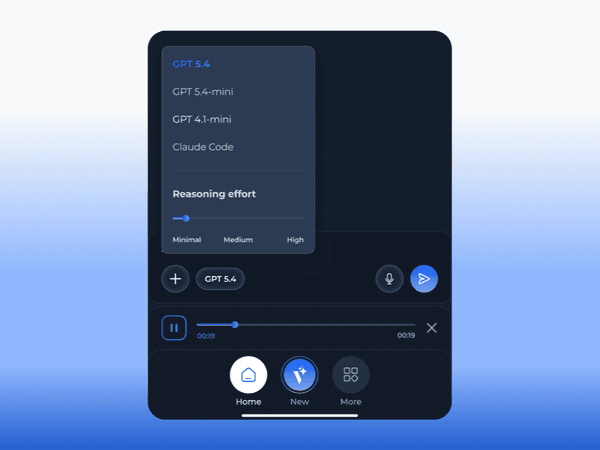 Aplikacja Voicie z wyborem modelu AI - GPT 5.4, GPT 5.4-mini, GPT 4.1-mini, Claude Code z suwakiem reasoning effort