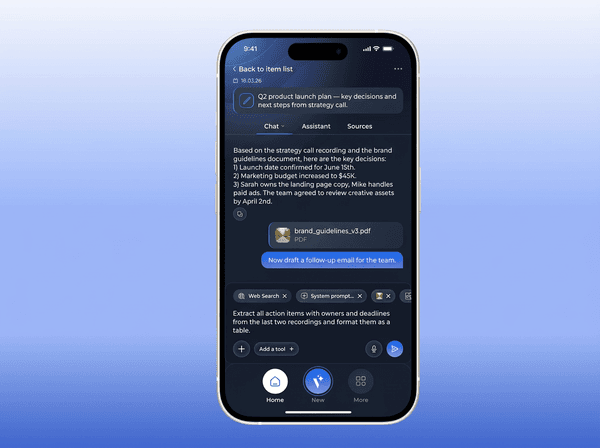 Voicie app on iPhone - AI chat analyzing strategy call recording
