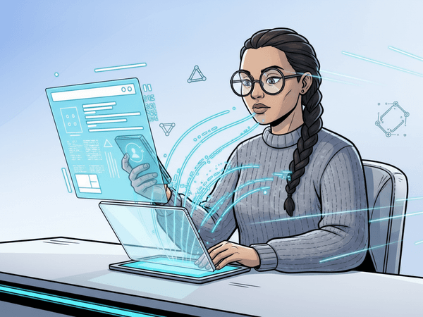 Woman at laptop analyzing research materials with holographic AI interface