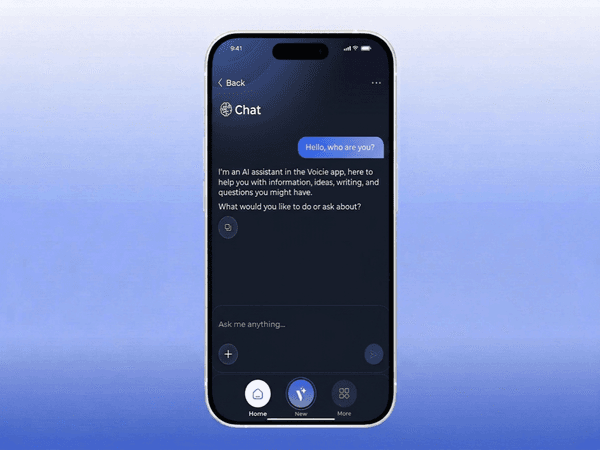 iPhone showing Voicie blank slate chat with AI assistant greeting message