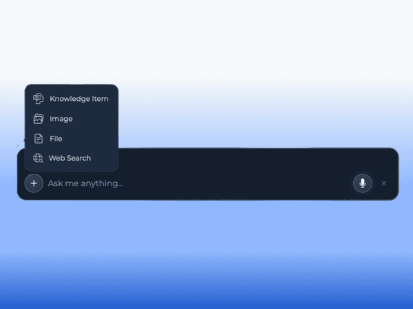 Voicie Quick Chat floating window with attachment options - Knowledge Item, Image, File, Web Search