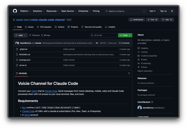 Strona repozytorium GitHub voicie-claude-code-channel z README i instrukcją instalacji