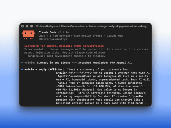 Terminal Claude Code pokazujący wiadomość z kanału Voicie z podsumowaniem AI przez MCP