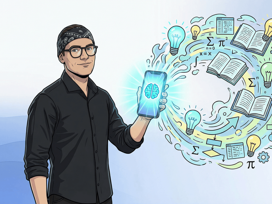 Man holding phone with a spiral of knowledge - books, lightbulbs, and formulas flying from the screen