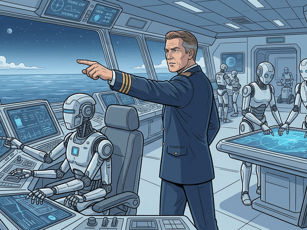Captain on a ship bridge commanding a crew of AI robots