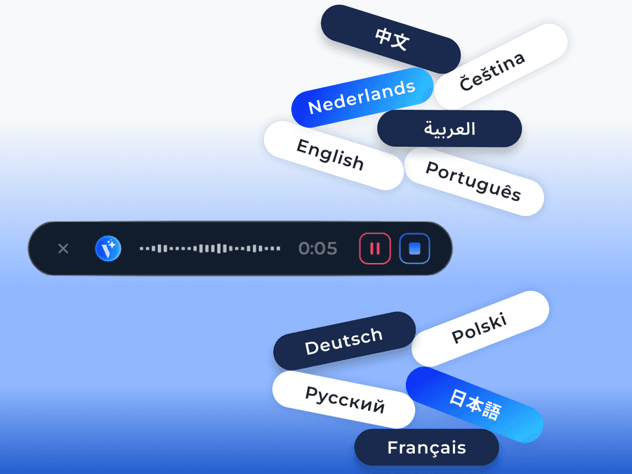 Dyktafon Voicie z obsługą wielu języków - Polski, English, Deutsch, 中文, 日本語 i więcej