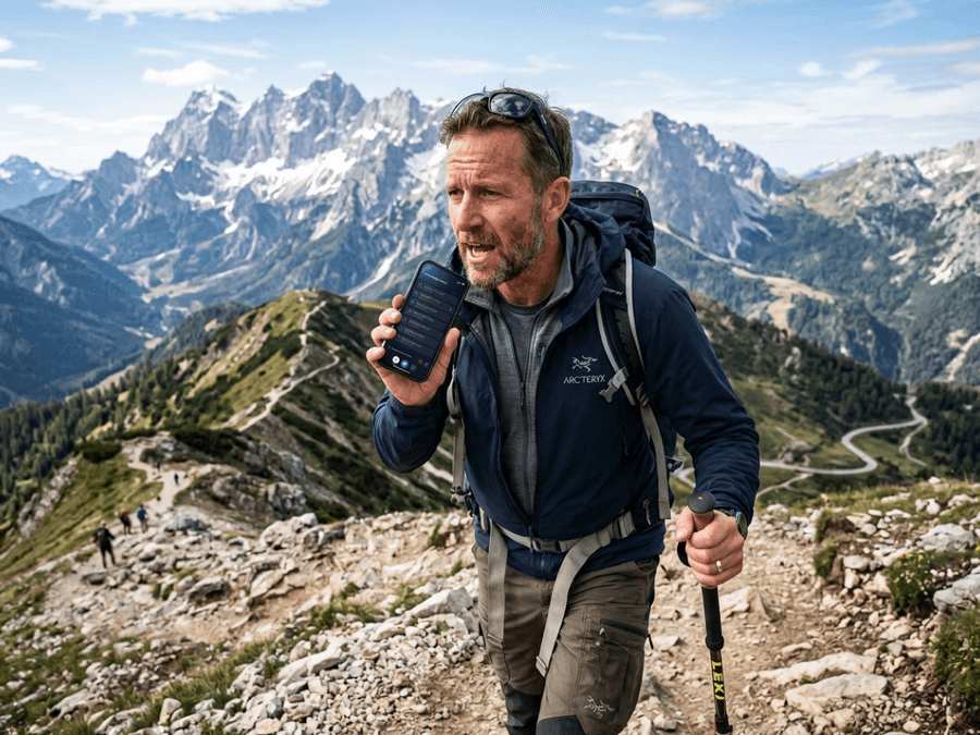 Hiker on mountain trail recording a voice note with Voicie app on phone - no signal needed
