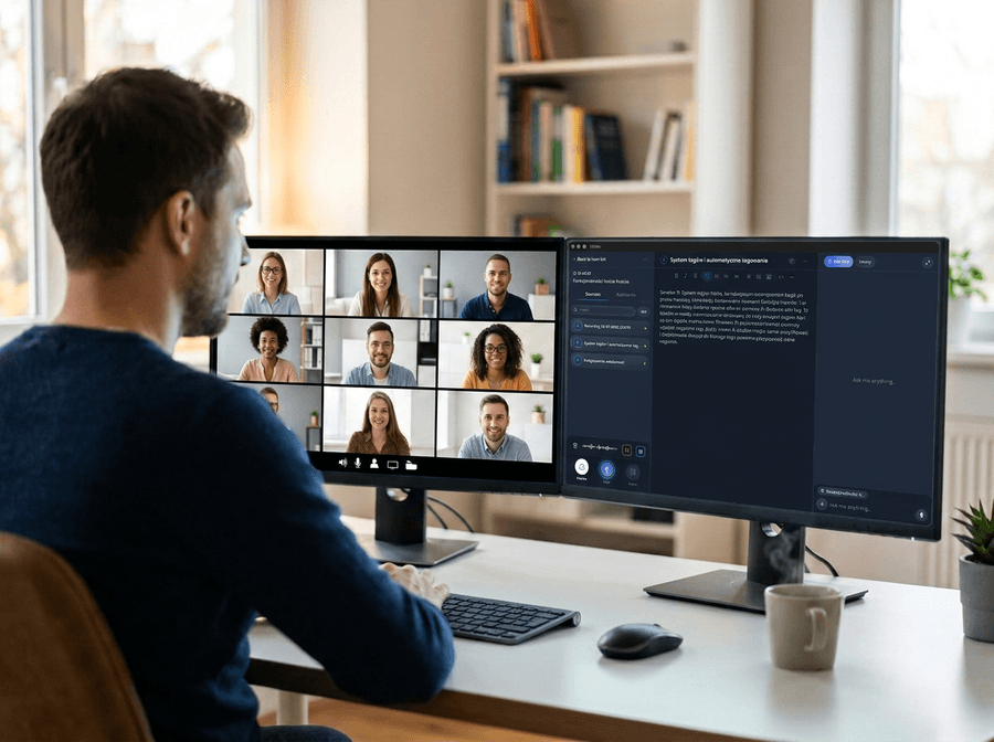 Mężczyzna przy biurku z dwoma monitorami - wideokonferencja i aplikacja Voicie nagrywająca spotkanie