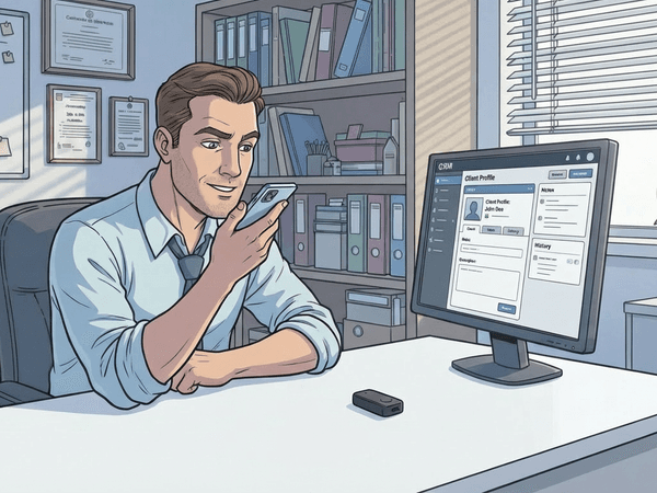 Salesperson recording a client call with CRM on monitor