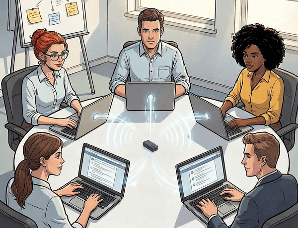 Team at conference table with laptops and a device recording the meeting