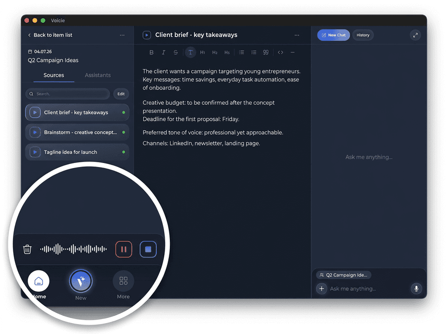 Voicie app - recording a voice note from a client brief