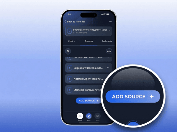 Voicie app on iPhone - Add Source button for adding knowledge sources