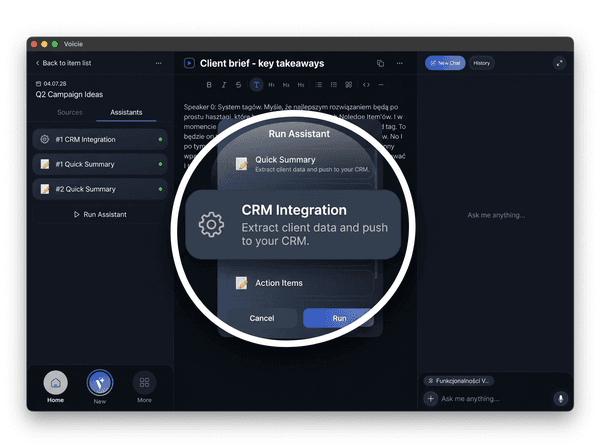 Voicie app - Run Assistant modal with CRM Integration assistant