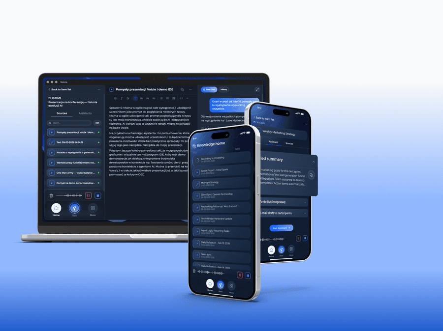 Voicie app on laptop and phones - desktop, Knowledge Home, and AI assistant view