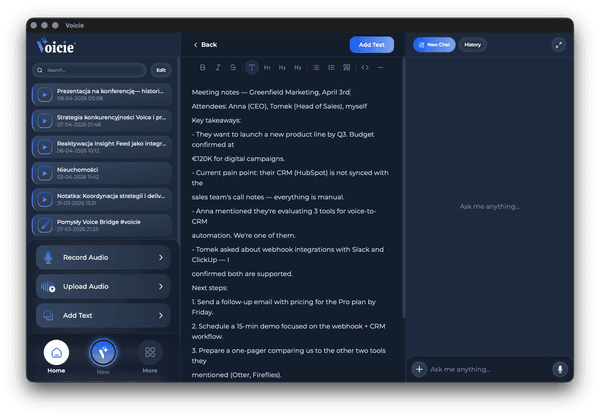 Voicie desktop app - text editor with meeting notes from Greenfield Marketing client meeting
