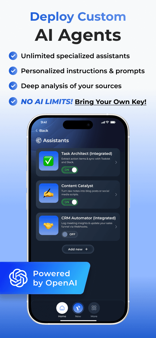 Deploy Custom AI Agents with unlimited specialized assistants and BYOK support
