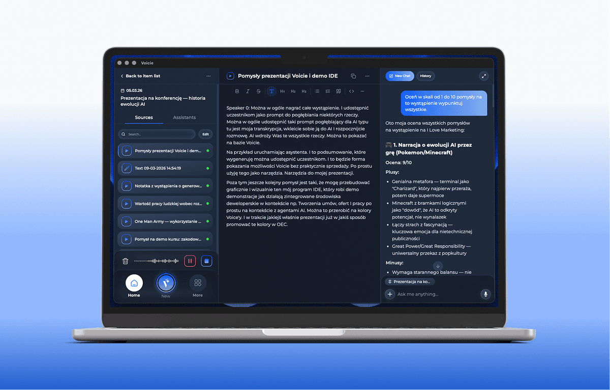 Voicie Desktop — okno aplikacji z listą źródeł, transkrypcją i czatem AI