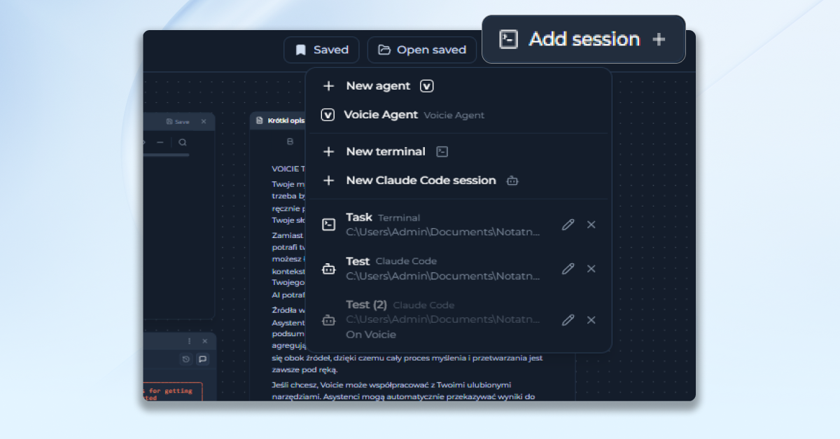 Adding a box on Canvas in Voicie - the "Add session" menu with New agent, New terminal and New Claude Code session