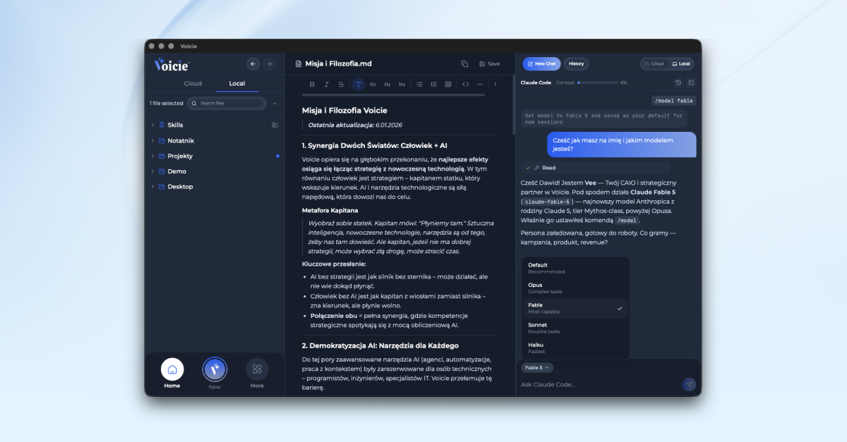 Claude Code in Voicie - a conversation with the agent next to an open file from the knowledge base