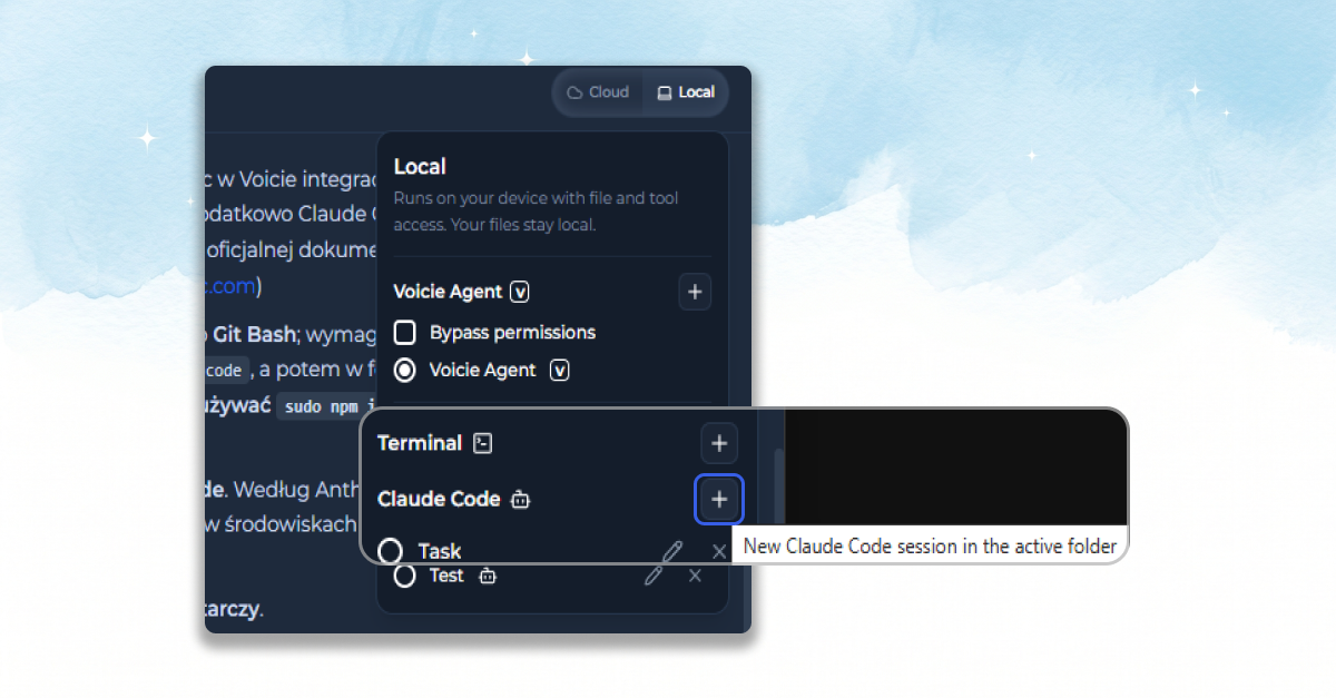 Where to click in Voicie to launch Claude Code - the "New Claude Code session in the active folder" button in the Local panel