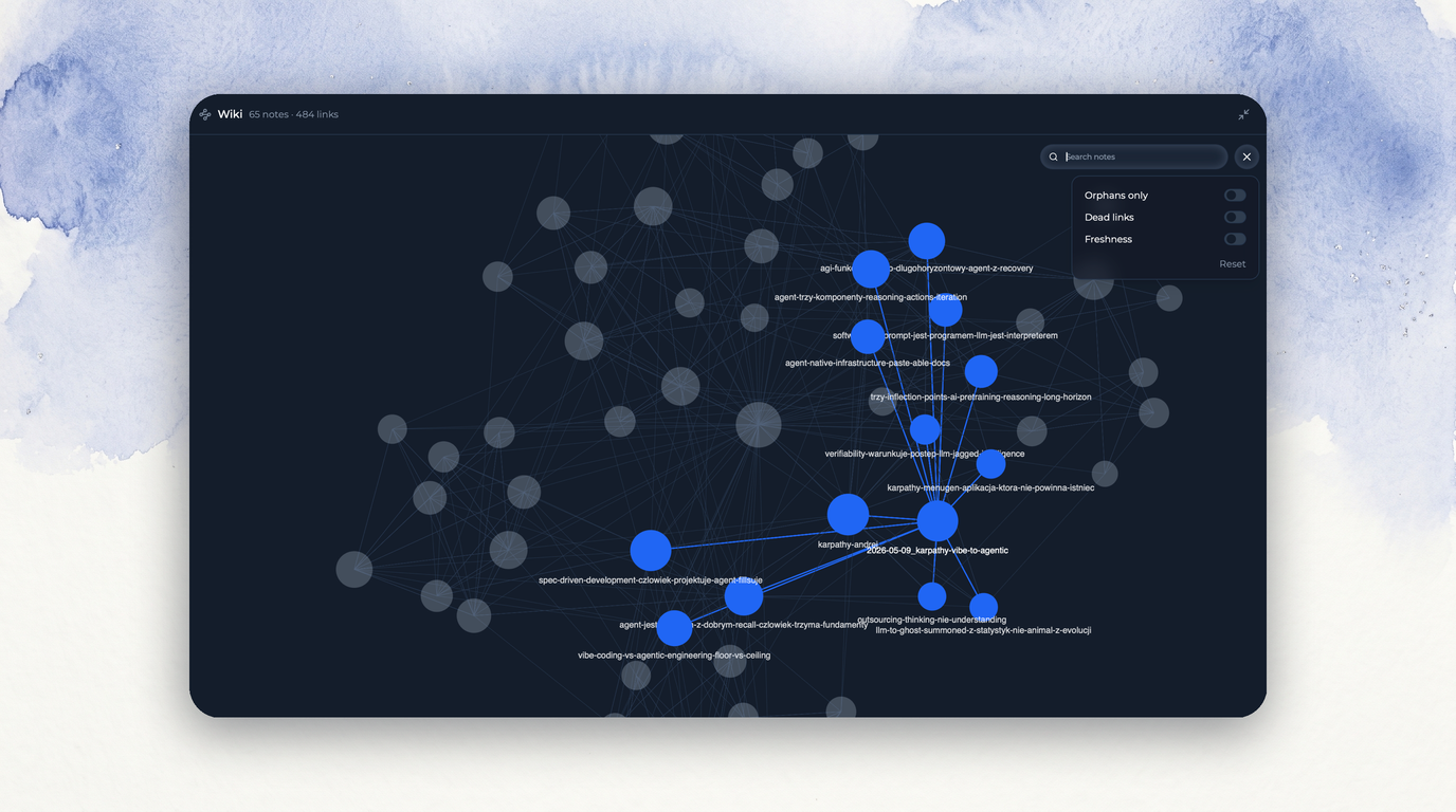 The knowledge graph view in Voicie with the filters panel - note search, orphans, dead links, freshness