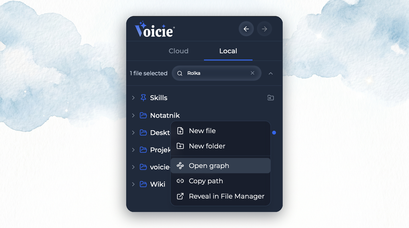 Context menu in Voicie - the "Open graph" option after right-clicking a note or folder