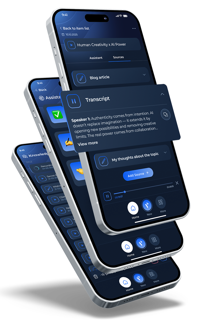 Ekrany aplikacji Voicie pokazujące transkrypcję, katalogi wiedzy i asystentów AI
