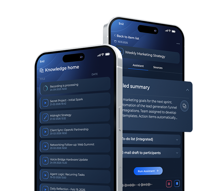 Aplikacja Voicie na iPhonie pokazująca ekrany bazy wiedzy i asystenta AI