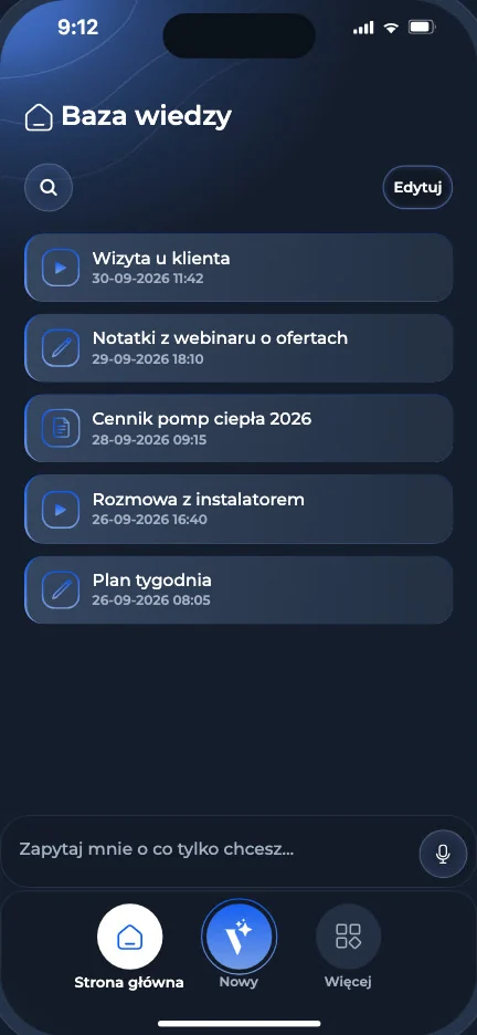 Voicie mobile app: the knowledge base with a list of items