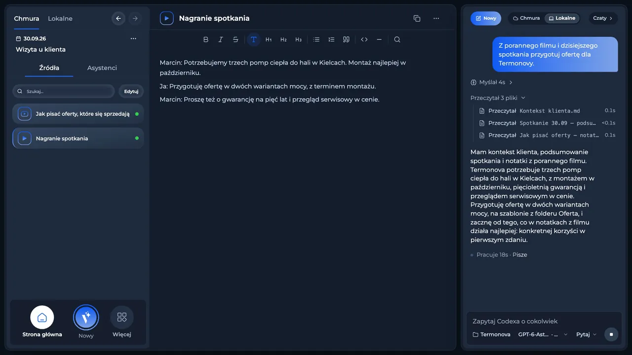 A meeting recording with its transcript, next to a Codex chat that has read three files and is drafting a proposal