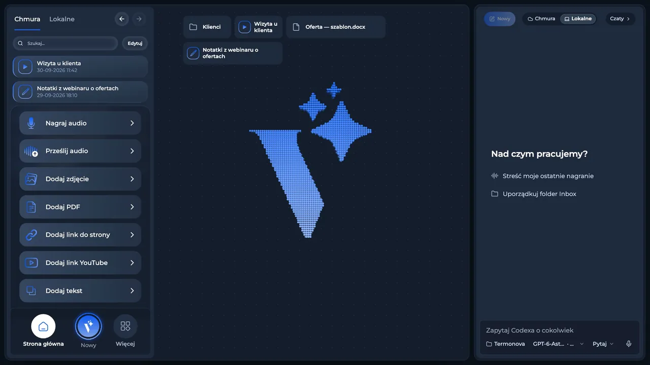 The “New” panel in Voicie: record audio, upload audio, add an image, a PDF, a website link, a YouTube link or text