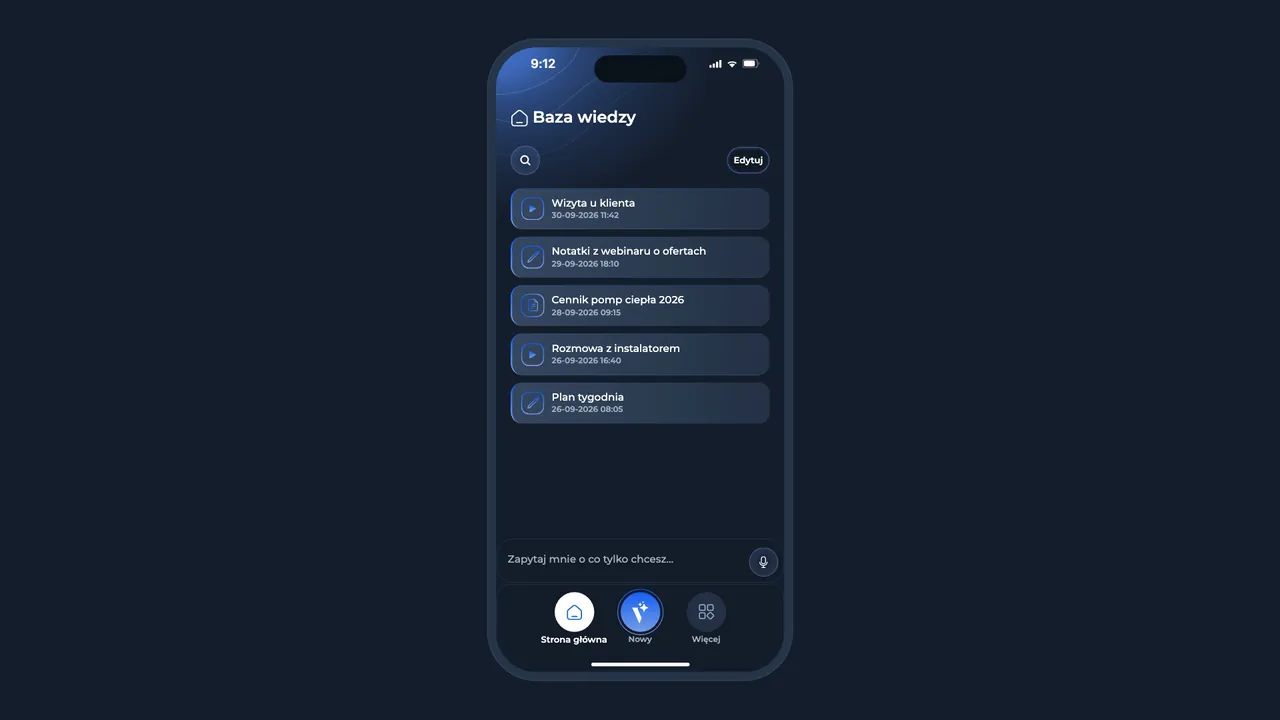 Voicie mobile app: the knowledge base with a new client visit recording at the top of the list